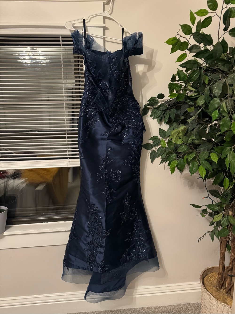 Terani Couture Navy Beaded Off-Shoulder Mermaid Gown